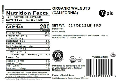 Yupik Organic Raw California Walnuts, Halves, 2.2 lb (35.2 oz), Kosher, Gluten-Free, Non-GMO, Vegan, Half Nuts, Unsalted, Unroasted, Source of Omegas, Healthy Snacks, Ideal for Baking & Cooking