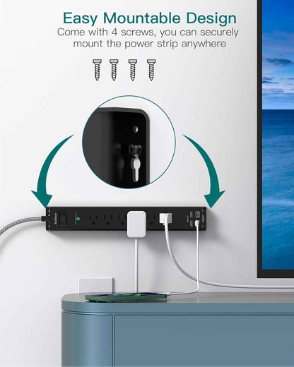 Surge Protector Power Strip - Extension Cord with Addtam 6 AC Outlets 4 USB (2 USB-C Ports), 1875W/15A, Flat Plug with Overload Surge Protection, Outlet Extender for Home Office Dorm Room Essentials