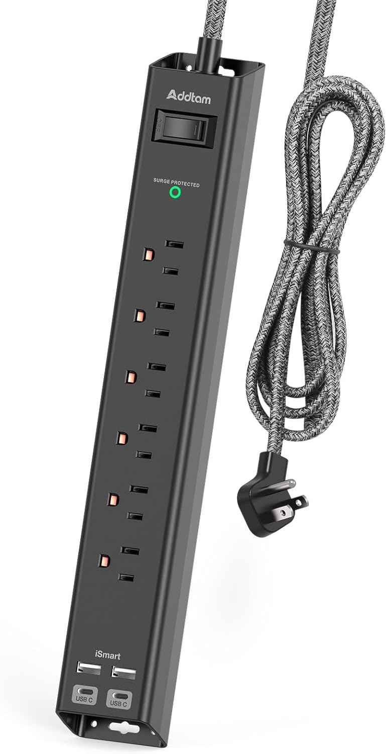 Surge Protector Power Strip - Extension Cord with Addtam 6 AC Outlets 4 USB (2 USB-C Ports), 1875W/15A, Flat Plug with Overload Surge Protection, Outlet Extender for Home Office Dorm Room Essentials