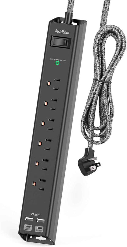Surge protector power strip with 6 AC outlets and 4 USB ports, flat plug, 1875W/15A, overload protection