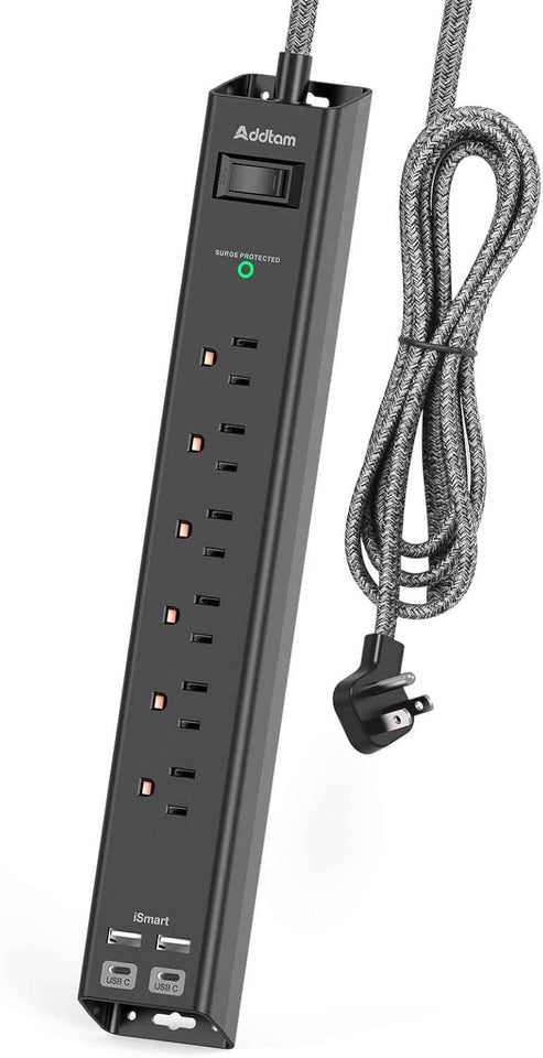 Surge protector power strip with 6 AC outlets and 4 USB ports, flat plug, 1875W/15A, overload protection