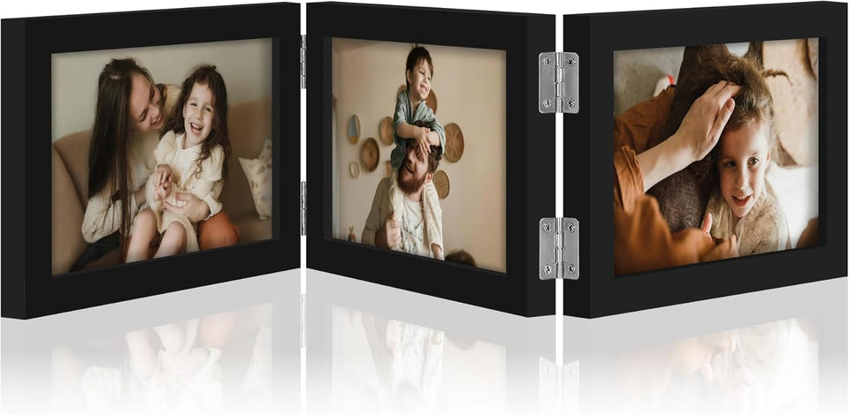 decorUhome Engineered Wood Trifold 4x6 Photo Frame with Plexiglass for Tabletop Display, Black, 3-Picture Frame