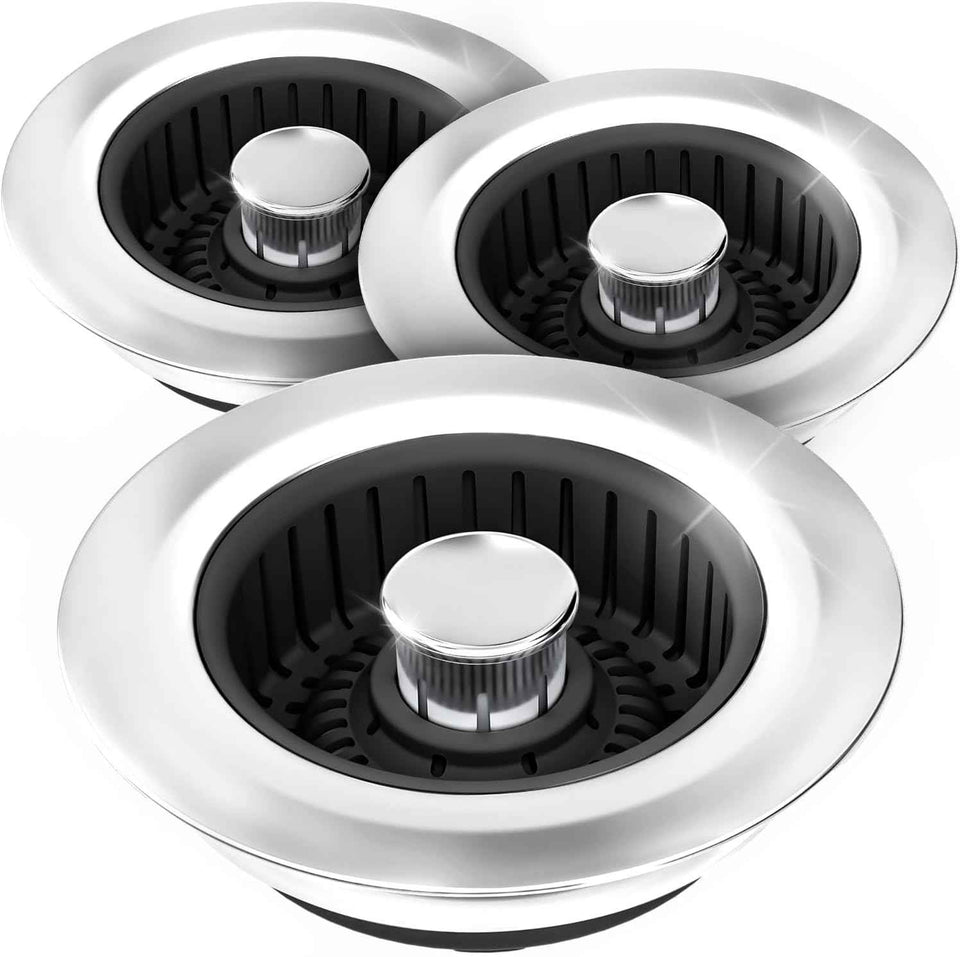Upgraded 3in1 Kitchen Sink Drain Strainer & Sink Stopper, Stainless Steel Kitchen Drain Plug & Sink Installation Parts with Anti-Clogging Basket, Fit US Standard 3-1/2'' Sink Drain Hole, Silver