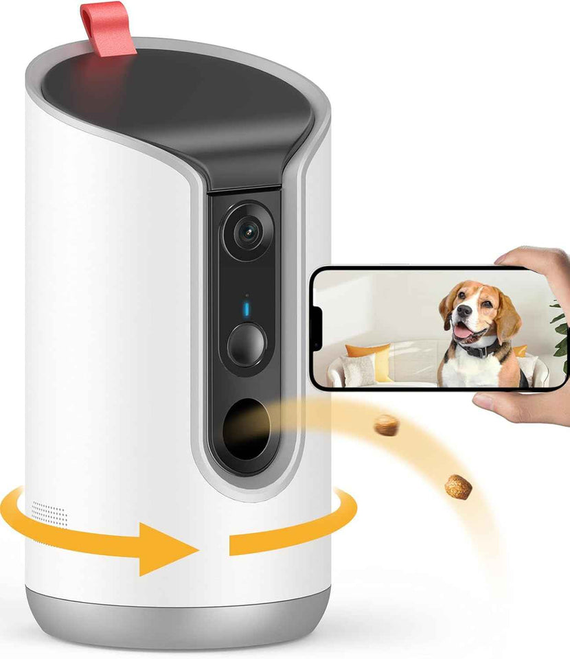 2K pet camera treat dispenser with 360° view, 5G&2.4G WiFi, 2-way talk, motion alerts, and auto tracking for cats and dogs