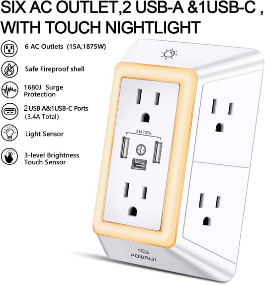 POWRUI Multi Plug 6 Outlet Surge Protector Extender with 3 USB Ports (1 USB C) and Night Light, 3-Sided Power Strip with Adapter Spaced Outlets, ETL Listed, White