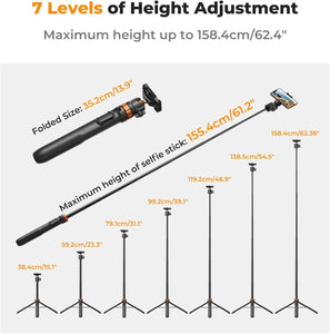 K&F CONCEPT 62'' Phone Selfie Stick Tripod, 2-in-1 Extendable Cell Phone Tripod Stand with Remote, 360° Ball Head Camera Tripod Compatible with DJI Osmo Pocket 4/3 Action 6/5Pro GoPro 13/12 iPhone.