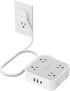 TESSAN Surge Protector Power Strip, 5 Ft Flat Plug Extension Cord with 3 USB (1 USB C) 8 Outlets, 1250W, 900J Protection, 3 Sided Outlet Extender with Power Switch for Office, Dorm Room, Grey