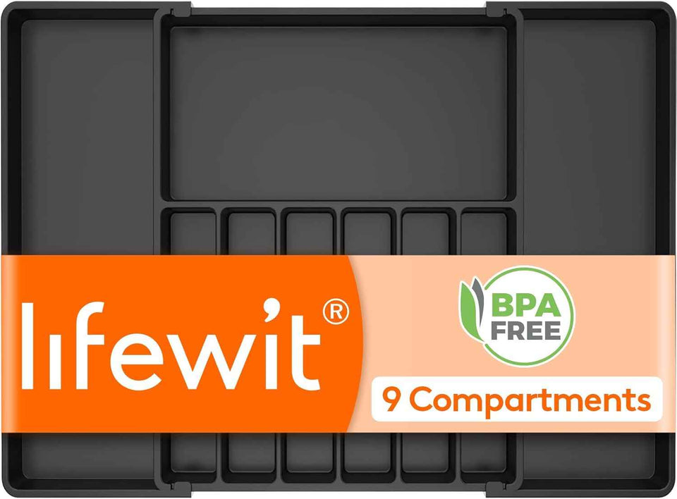 Lifewit Large Silverware Drawer Organizer, Expandable Utensil Tray for Kitchen, BPA Free Flatware and Cutlery Holder, Adjustable Plastic Storage for Spoons Forks Knives, Large, Black