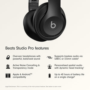 Beats Studio Pro Premium Wireless Over-Ear Headphones- Up to 40-Hour Battery Life, Active Noise Cancelling, Great for Travel & Commuting, USB-C Lossless Audio, Apple & Android Compatible -Black