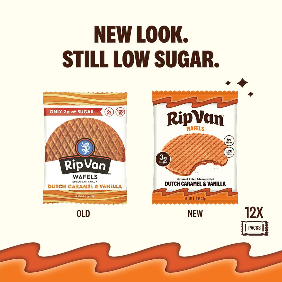 Rip Van Wafels Dutch Caramel & Vanilla Stroopwafels, Healthy Snacks, Non-GMO, Low Calorie, Low Sugar (3g), Office Snacks, Keto Friendly, 12 Count