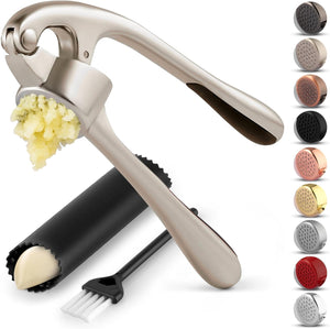 Zulay Kitchen Premium Garlic Press Set - Rust Proof Professional Garlic Mincer Tool - Easy-Squeeze, Easy-Clean with Soft, Ergonomic Handle - Silicone Garlic Peeler & Brush (Silver)