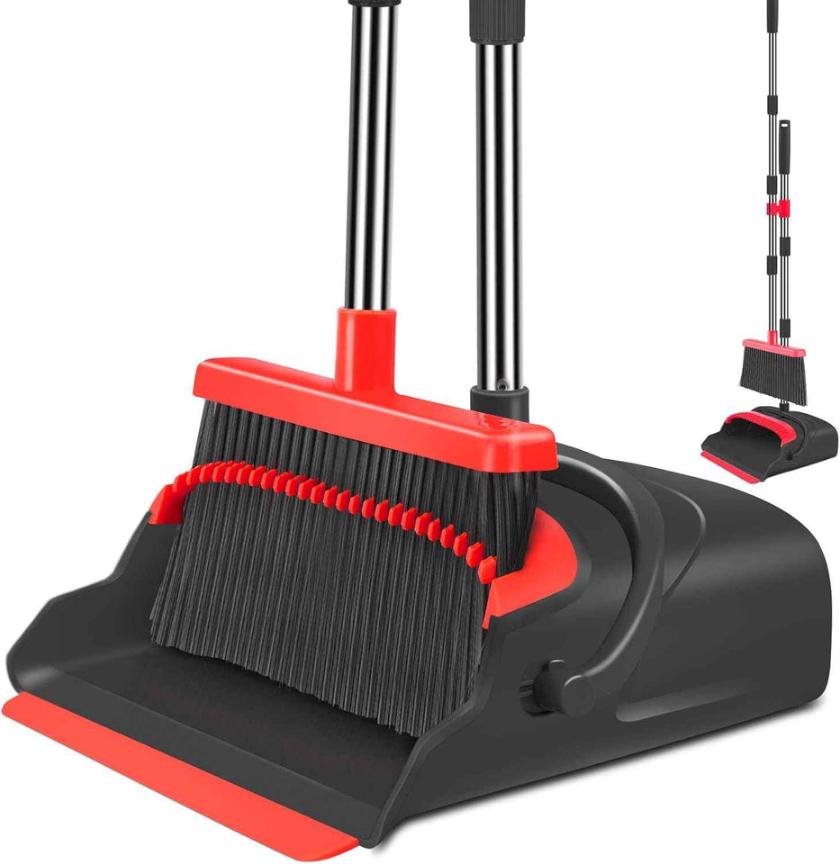 kelamayi Upgrade Broom and Dustpan Set, Self-Cleaning with Dustpan Teeth, Ideal for Dog Cat Pets Home Use, Super Long Handle Upright Stand Up Broom and Dustpan Set (Brown)