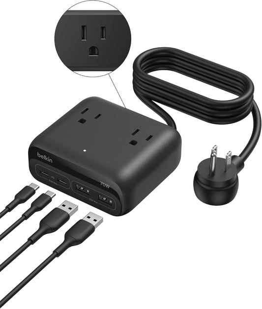 Belkin GaN Charging Station 70W, 7-in-1 Dual USB C Charger w/ 3x AC Outlets, 2x USB A Ports, Power Strip, iPhone Charger Fast Charging, Apple Watch, iPad, MacBook, Chromebook, Samsung Galaxy, Pixel 10