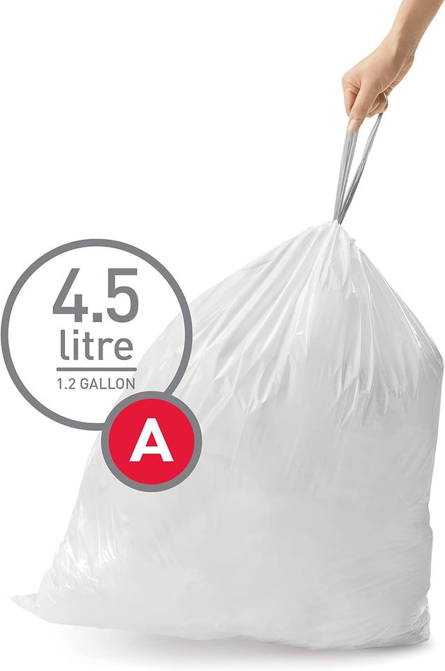 simplehuman Code A 90 Count, Dispenser Pack Custom Fit Liners, Drawstring Trash Bags, 4.5 Liter / 1.2 Gallon, White