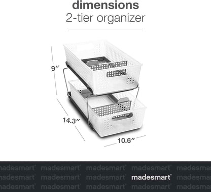 Madesmart 2-Tier Organizer for Kitchen Cabinets and Bathroom Sinks with Adjustable Dividers and Pull-Out Sliding Baskets