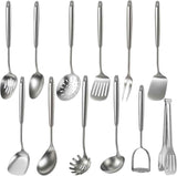 Newness 16 Pcs Cooking Utensils Set, 304 Stainless Steel Kitchen Utensils Set, Metal Kitchen Accessories, Include Soup Ladle, Slotted Skimmer Spoon, Spaghetti Spoon and Spatula, Dishwasher Safe