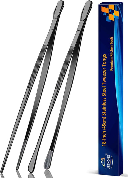JETKONG 2 Pcs 12-Inch Kitchen Tweezers Fine Tweezer Tongs, Extra-Long Stainless Steel Cooking Tweezers (Silver)