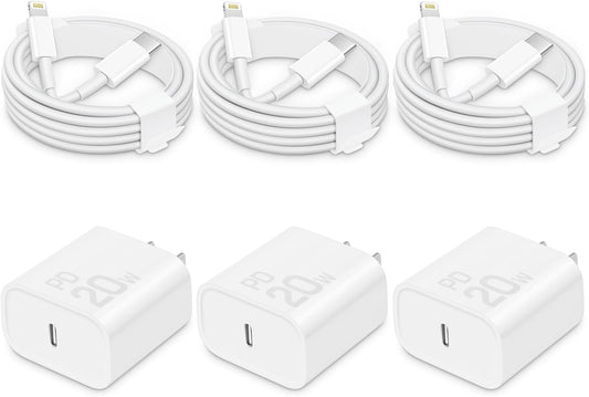 CXX Fast Charger for iPhone [3-Pack, MFi Certified], 20W USB-C PD Block with 6Ft Charging Cable Compatible with iPhone 14/13/12/11/Pro Max & iPad