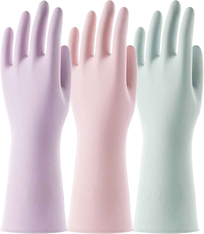 COOLJOB Medium Household Rubber Gloves with Cotton Liner & Non-slip Grip, Waterproof Long Lasting Dishwashing Gloves for Kitchen & Bathroom Cleaning, Light Pink, 1 Pair
