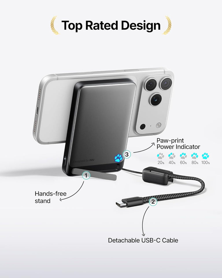 INIU for MagSafe Portable Charger, Original Qi2 Certified Wireless Fast Charging, Slimmest 10000mAh 45W Power Bank with USB C Cable & Stand, TSA Travel Magnetic Battery Pack for iPhone 17-12 Series
