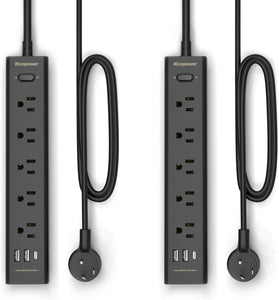 black 2-pack power strip with 5 outlets, 3 usb ports, 1250w surge protector, 5ft cord, wall mount for home office