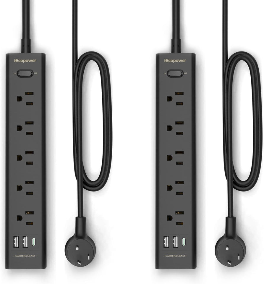 black 2-pack power strip with 5 outlets, 3 usb ports, 1250w surge protector, 5ft cord, wall mount for home office