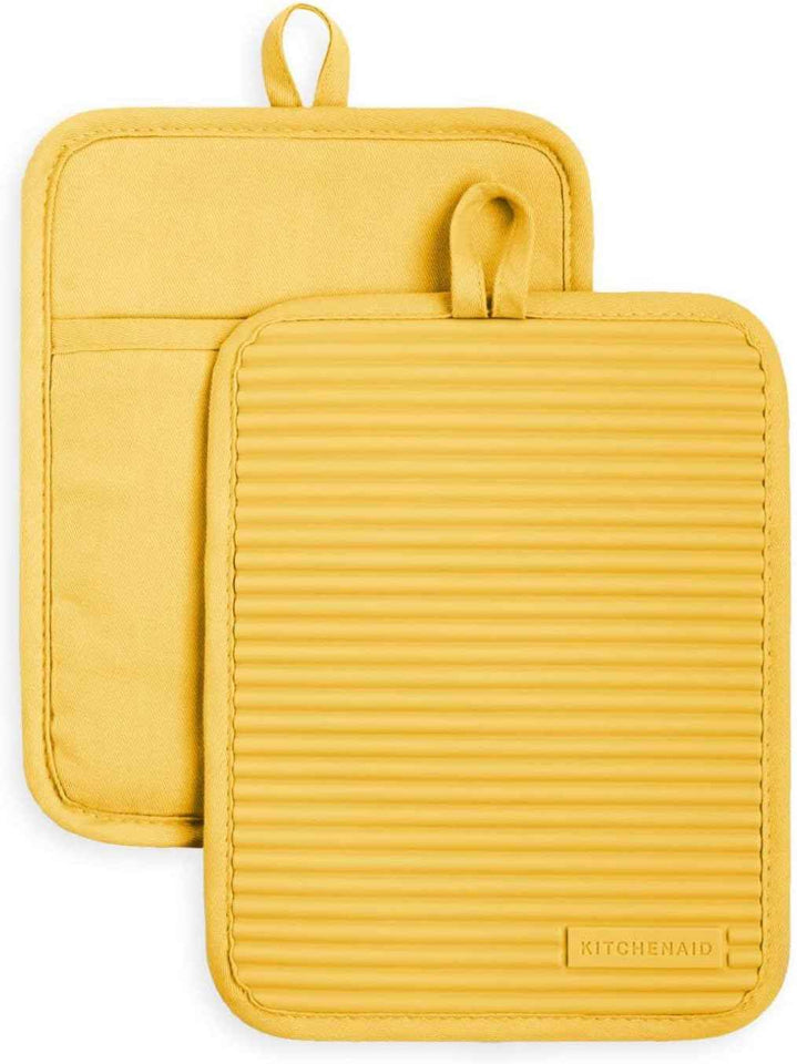 KITCHENAID Ribbed Soft Silicone Pot Holder 2-Pack Set, Matte Black, 7"x9"