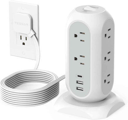 Tower Power Strip Flat Plug with 11 Outlets 3 USB (1 USB C), TESSAN Surge Protector Tower 1625W/13A,1050J Protection, 6 Feet Extension Cord with Multiple Outlets, Office Desk Supplies, Dorm Essentials