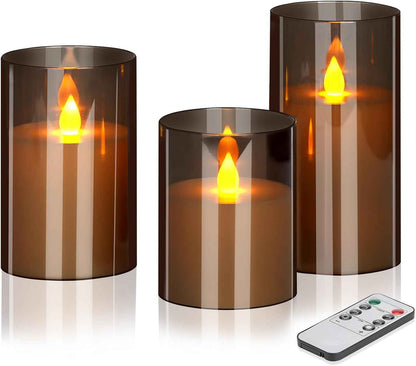 Flameless Candles 4" 5" 6" Set of 3 Acrylic Glass Pillars 3" Diameter Battery Operated Flickering Candles Include 10-Key Remote with Timer Function 400+ Hours (Gray, Warm Light 3 Pack)