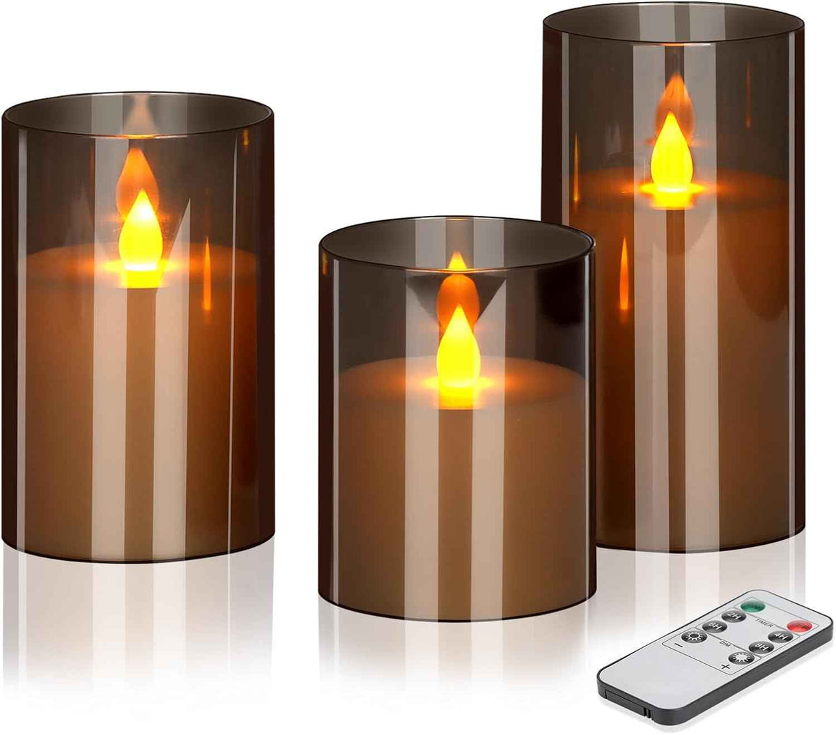 Flameless Candles 4" 5" 6" Set of 3 Acrylic Glass Pillars 3" Diameter Battery Operated Flickering Candles Include 10-Key Remote with Timer Function 400+ Hours (Gray, Warm Light 3 Pack)