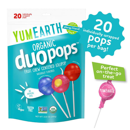 YumEarth Organic Duo Pops, Lollipops with Fruit Chew Centers - Allergy Friendly (Top 9 Free), No Artificial Dyes, Non GMO, Gluten Free, Vegan Candy Snacks - Individually Wrapped Pops (20 Count (Pack of 1))