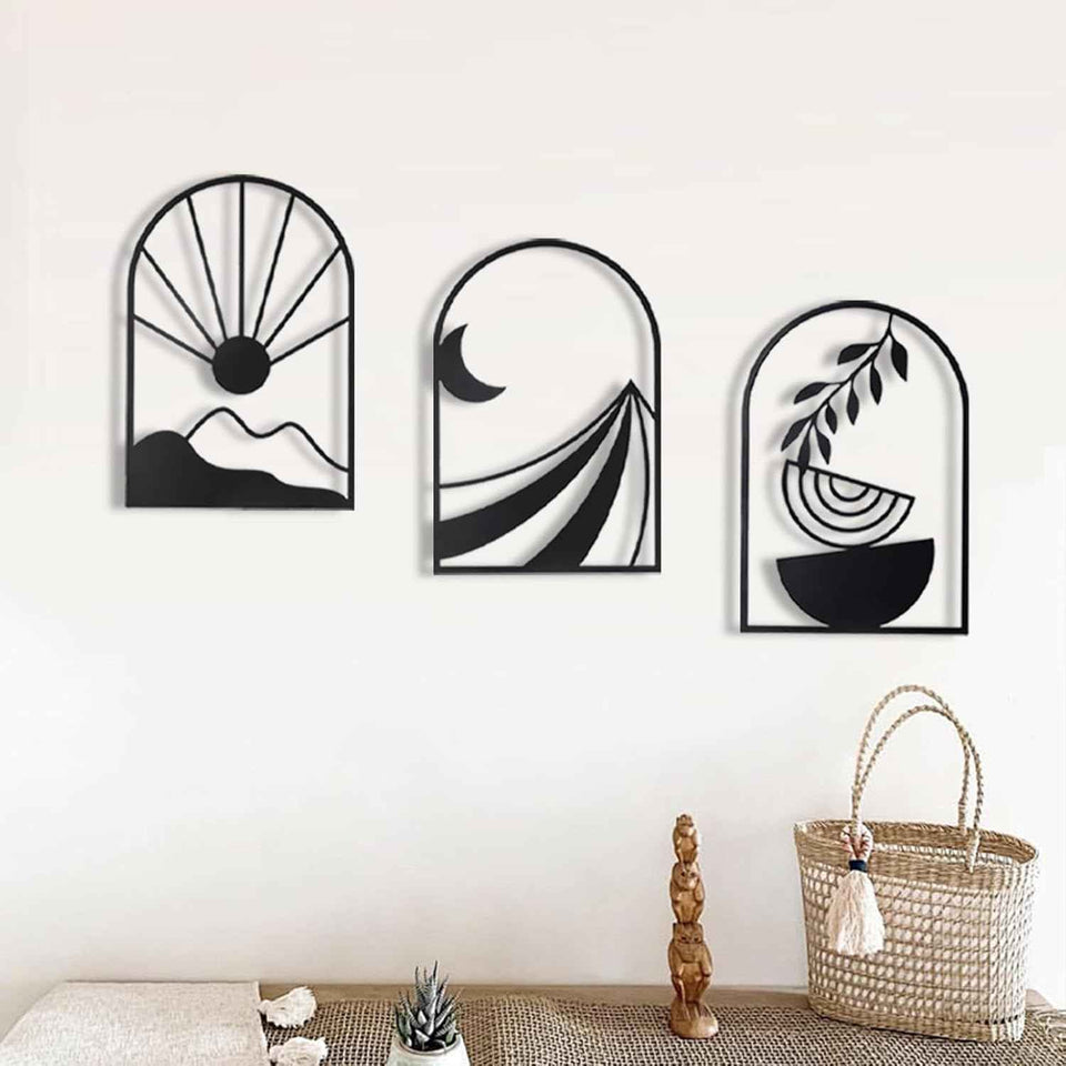 OYEFLY 3PCS Boho Metal Wall Decor, Black Metal Wall Art for Home Decor, Bohemian Style Wall Hanging