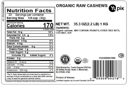 Yupik Organic Raw Cashews, 2.2 lb (35.2 oz), Kosher, Gluten-Free, Non-GMO, Vegan, Whole Nuts, Unsalted, Unroasted, Source of Protein & Iron, Nutritious, Crunchy, Healthy Snacks, For Baking & Cooking