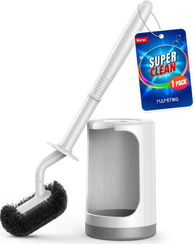 White Hamitor curved toilet brush holder set for small RV bathrooms with hidden scrubber