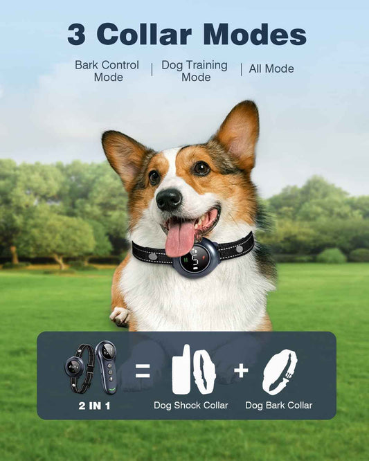 2-in-1 Dog Shock Collar & Dog Bark Collar - Smart Anti Barking Dog Training Collar with 5 Adjustable Sensitivity & 3300FT Remote for All Breeds IP67 Waterproof E-Collar