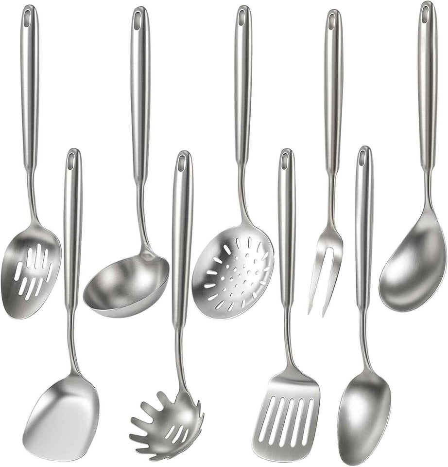 Newness 16 Pcs Cooking Utensils Set, 304 Stainless Steel Kitchen Utensils Set, Metal Kitchen Accessories, Include Soup Ladle, Slotted Skimmer Spoon, Spaghetti Spoon and Spatula, Dishwasher Safe