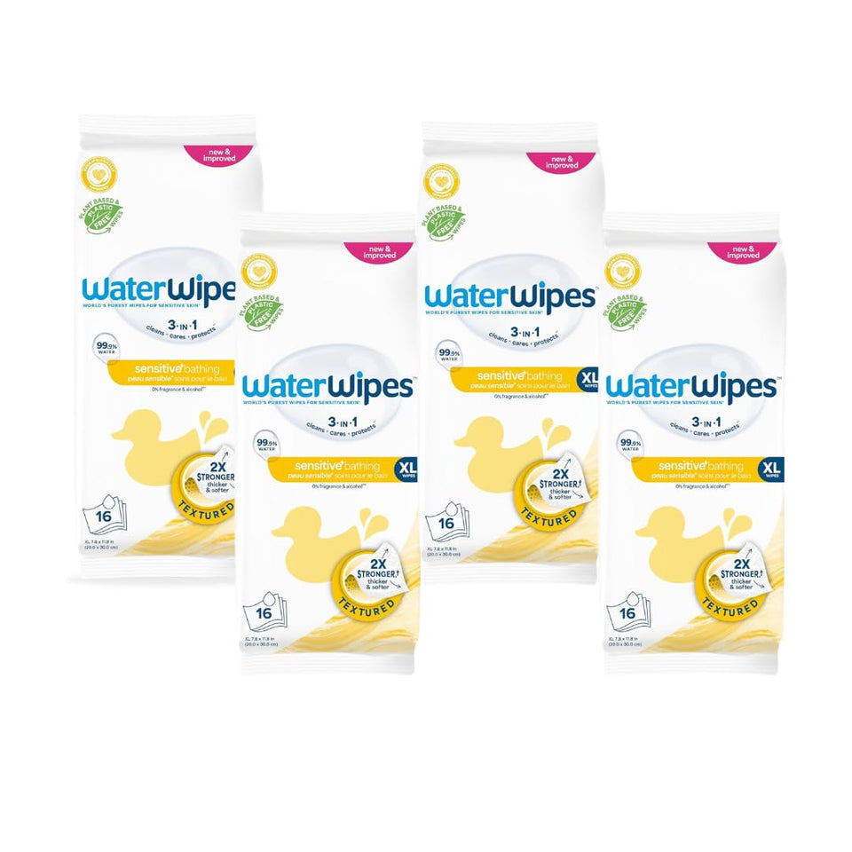 WaterWipes Sensitive+ Bathing Wipes, 3-In-1 Cleans, Cares, Protects, Unscented, Hypoallergenic, 99.9% Water, 16 Count, 1 Pack