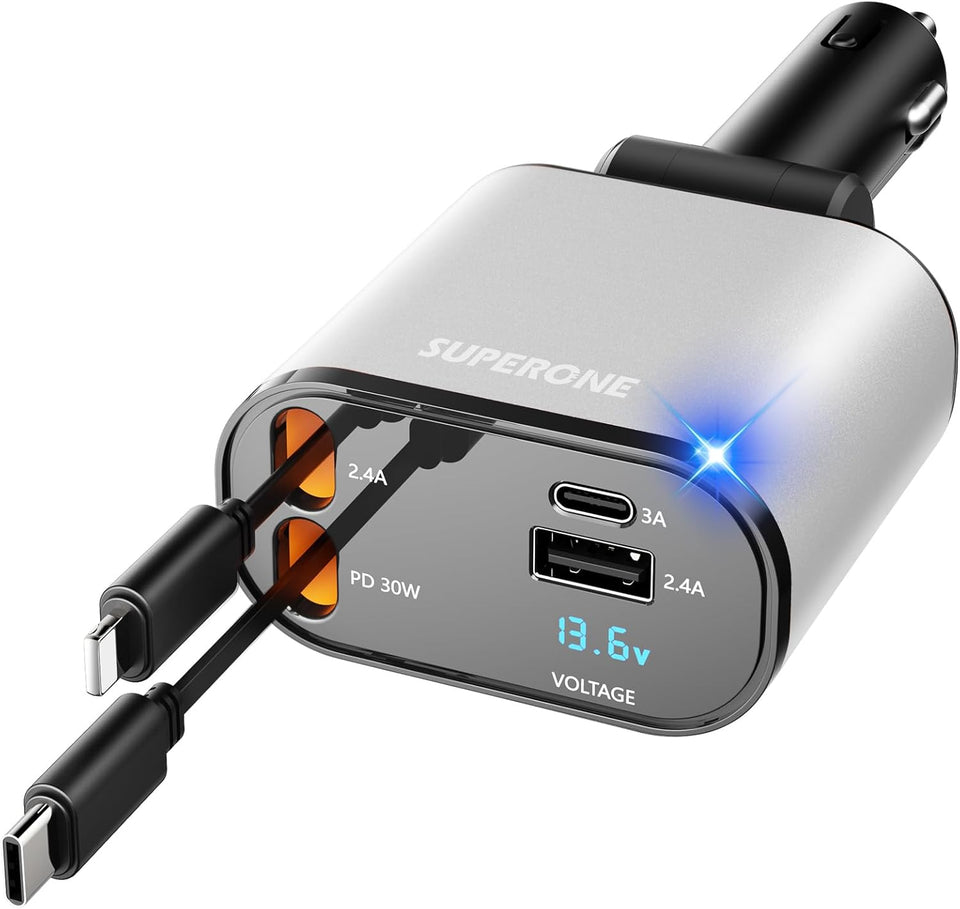 ‹ېUpgraded‹ÛÔ SUPERONE Retractable Car Charger 4 in 1, Fast Car Phone Charger with Cord 2.6ft, USB C and Apple Car Adapter, Compatible with iPhone 17 16 15/15 Pro Max/14/13/12/11, Galaxy, Pixel - Zynora
