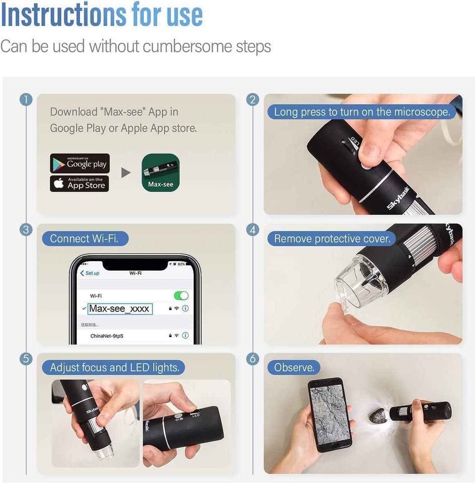 Skybasic 50X-1000X magnification wireless digital microscope with adjustable stand and HD USB camera