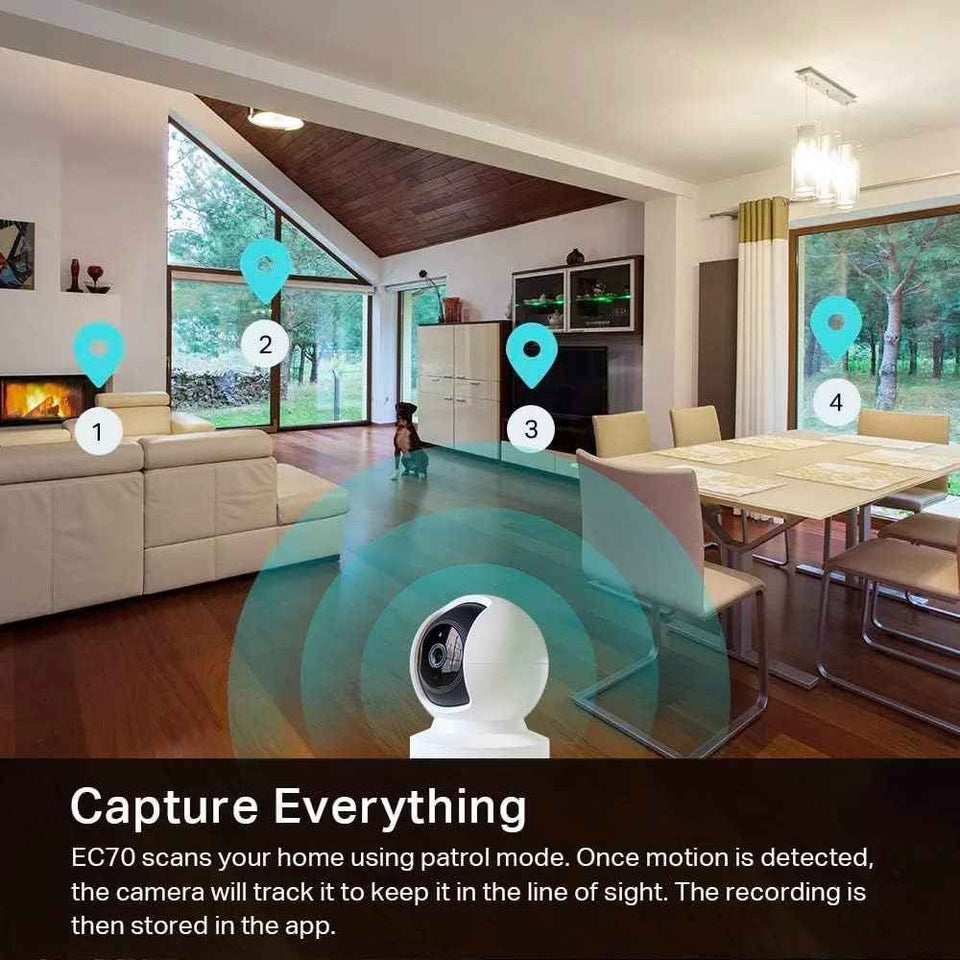Kasa EC70 Indoor Pan/Tilt 1080p HD security camera with night vision, motion detection, and cloud storage