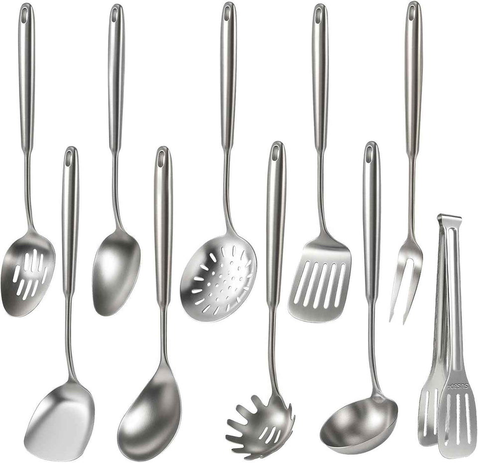 Newness 16 Pcs Cooking Utensils Set, 304 Stainless Steel Kitchen Utensils Set, Metal Kitchen Accessories, Include Soup Ladle, Slotted Skimmer Spoon, Spaghetti Spoon and Spatula, Dishwasher Safe