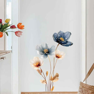 Gold Leaf Blue Flower Wall Decal PVC Wall Sticker Vintage Watercolor Floral Wall Art for Living Room Bedroom Home Decor