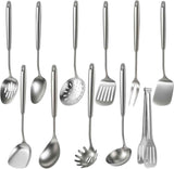 Newness 16 Pcs Cooking Utensils Set, 304 Stainless Steel Kitchen Utensils Set, Metal Kitchen Accessories, Include Soup Ladle, Slotted Skimmer Spoon, Spaghetti Spoon and Spatula, Dishwasher Safe