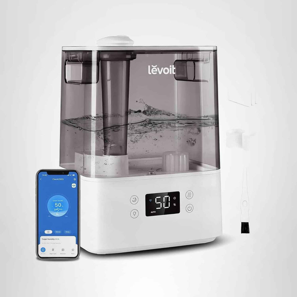 levoit large room humidifier with app and voice control, 6l cool mist, gray