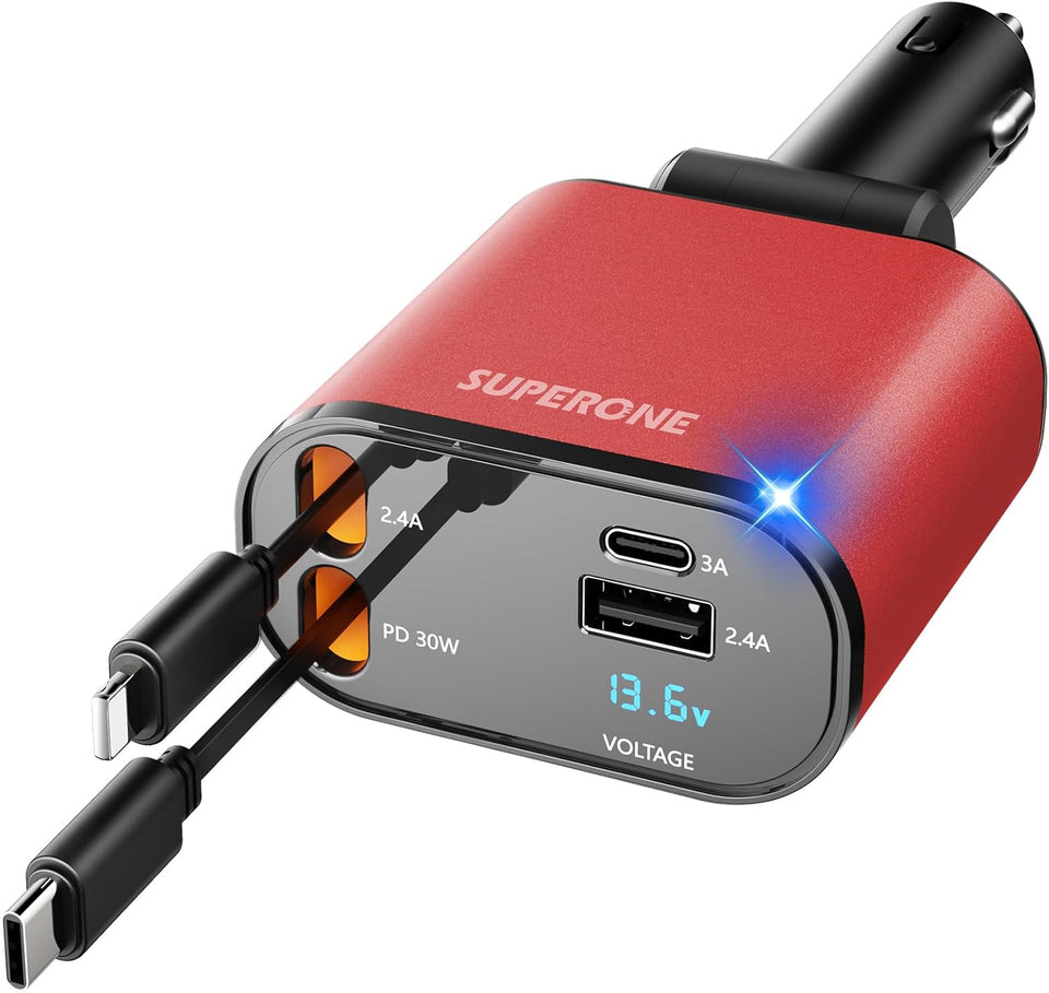 ‹ېUpgraded‹ÛÔ SUPERONE Retractable Car Charger 4 in 1, Fast Car Phone Charger with Cord 2.6ft, USB C and Apple Car Adapter, Compatible with iPhone 17 16 15/15 Pro Max/14/13/12/11, Galaxy, Pixel - Zynora