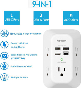 Addtam 5-Outlet USB Wall Charger Surge Protector with 4 USB Ports and 1 USB C Outlet 1800J Power Strip
