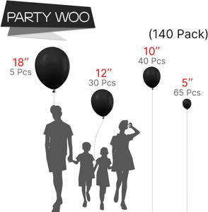 PartyWoo Black Balloons 140 pcs Different Sizes of 18 12 10 5 Inch Black Balloons Arch Kit Garland for Baby Shower Birthday Graduation Casino Gaming Anniversary Retirement Party Decorations Black-Y18