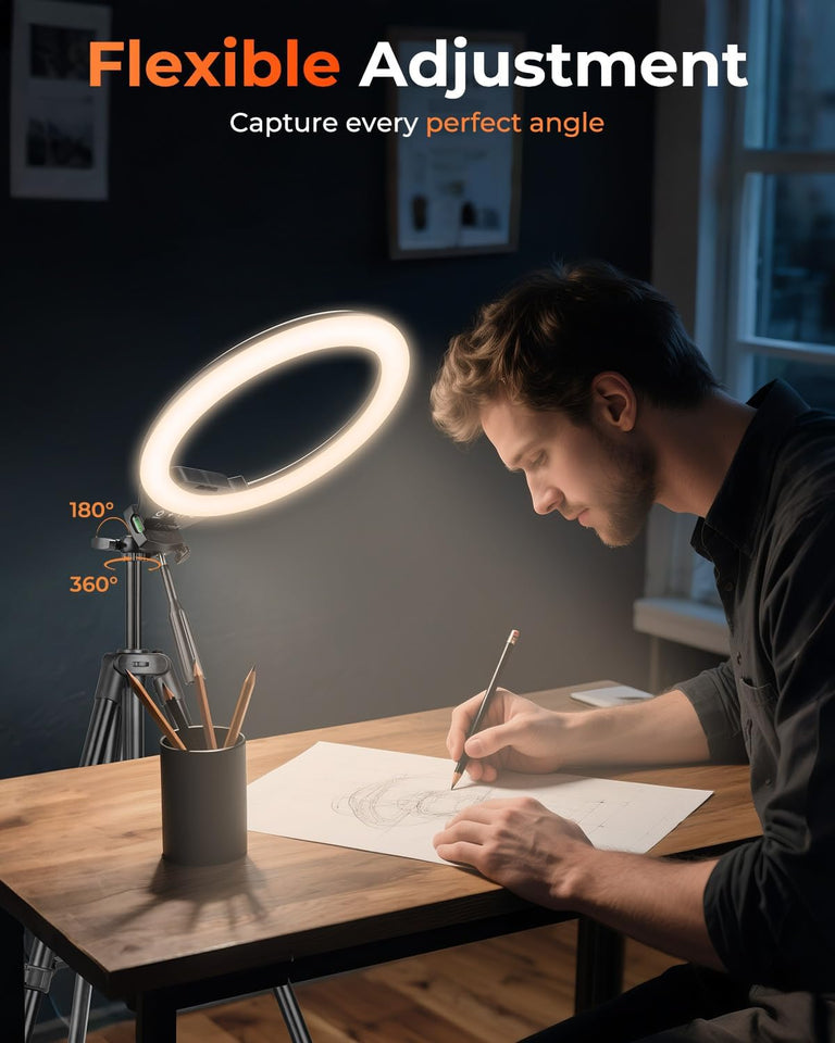 Sensyne 10'' Ring Light with 50'' Extendable Tripod Stand, LED Circle Lights with Phone Holder for Live Stream/Makeup/YouTube Video/TikTok, Compatible with All Phones