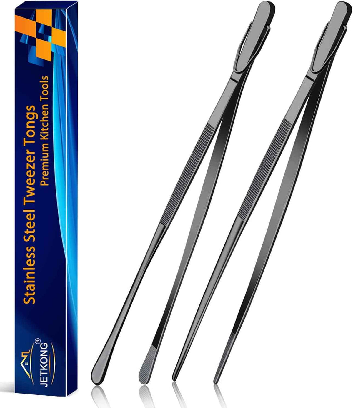 JETKONG 2 Pcs 12-Inch Kitchen Tweezers Fine Tweezer Tongs, Extra-Long Stainless Steel Cooking Tweezers (Silver)