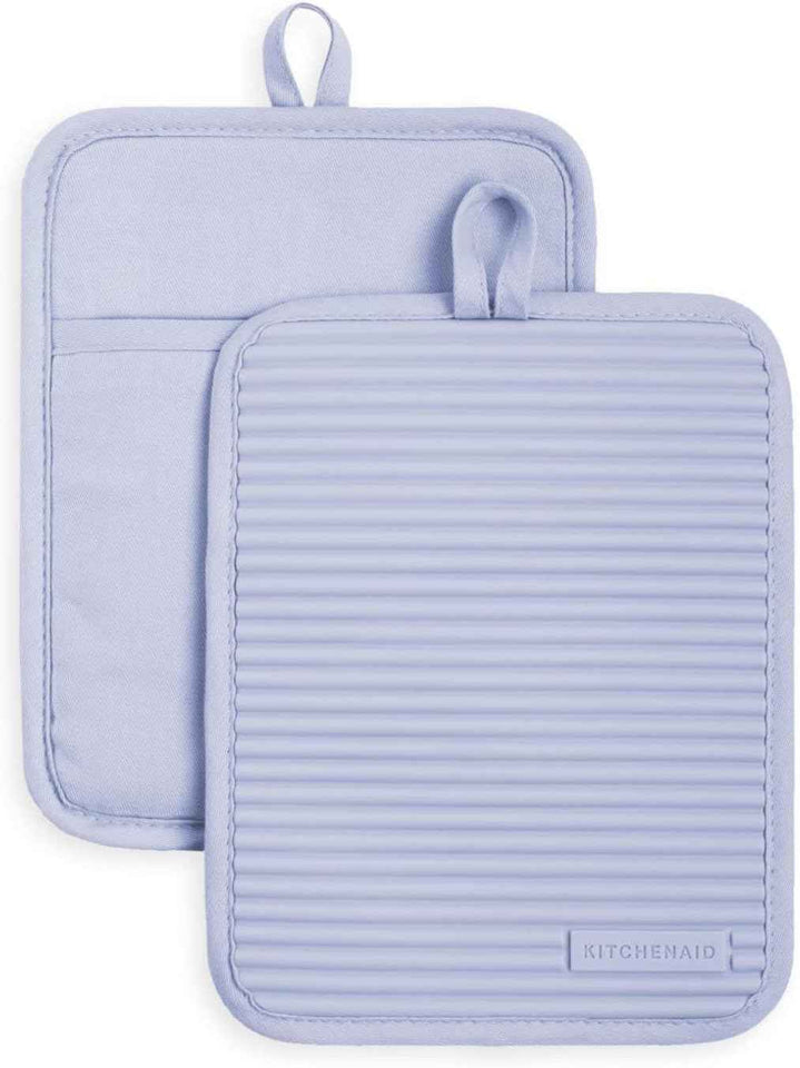 KITCHENAID Ribbed Soft Silicone Pot Holder 2-Pack Set, Matte Black, 7"x9"